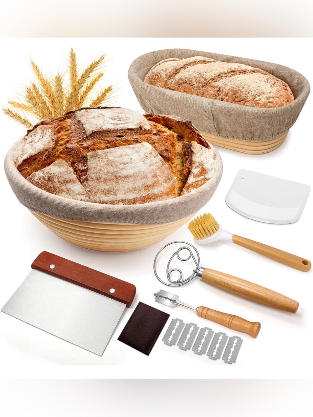Sourdough Bread Baking Set | 2 Proofing Baskets, Tools & Linen Bread Bag